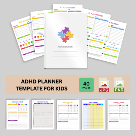 ADHD Planner Template for Kids | 40-Page Printable Planner for Focus, Goals & Wellness | Organized Daily & Monthly Templates for Children with ADHD