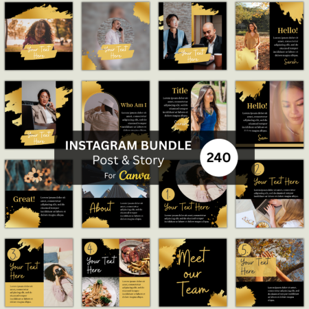 Black Gold Instagram Template Bundle | Luxury Black & Gold Canva Templates for Posts & Stories | Elegant Multipurpose Instagram Kit with 200 Designs