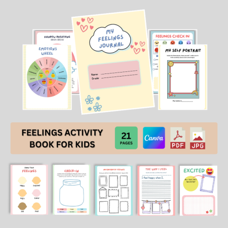 Feelings Activity Book For Kids | Emotional Awareness & SEL Workbook for Preschoolers | Fun Editable Canva Journal for Kids’ Emotional Growth