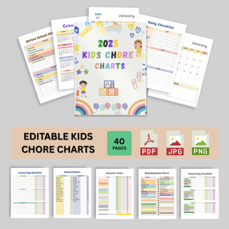 Kids Chore Charts Canva Interior | Printable Planner for Kids’ Daily Routines & Rewards | Easy-to-Use Behavior & Responsibility Tracker for Families