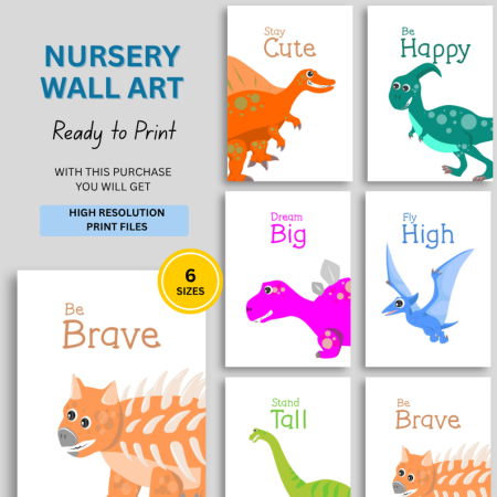 Nursery Wall Art | Dinosaur Prints Featuring Stegosaurus, Spinosaurus & Pterodactyl